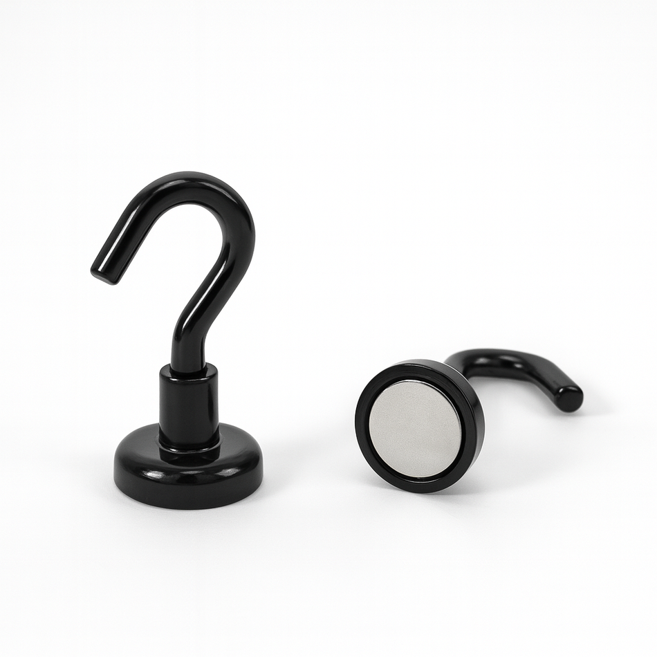 Black Hook Magnets 2 Pack | Neodymium Pot Magnet with Threaded Hook - 16mm (D) x 37mm (H)