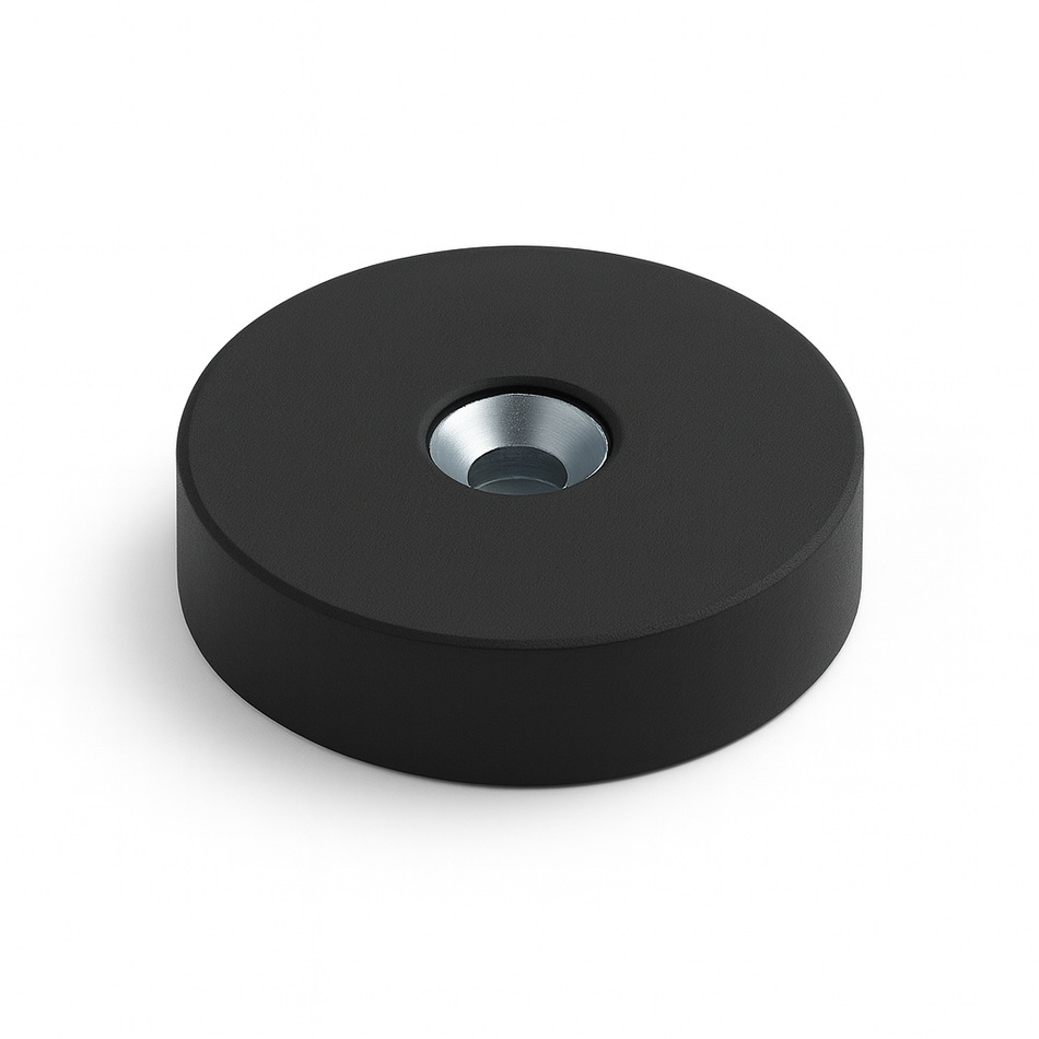 Rubber Coated Neodymium Pot Magnet – (D) 34mm x (H) 8mm | Countersunk 4.5mm Hole